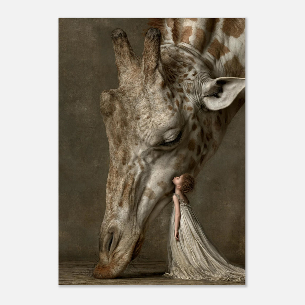 The Shape of Trust – A young girl in a flowing ivory dress stands beside a giant giraffe lowering its head in a tender moment of trust. Surreal fine art by Lemke Art.