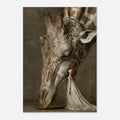 The Shape of Trust – A young girl in a flowing ivory dress stands beside a giant giraffe lowering its head in a tender moment of trust. Surreal fine art by Lemke Art.