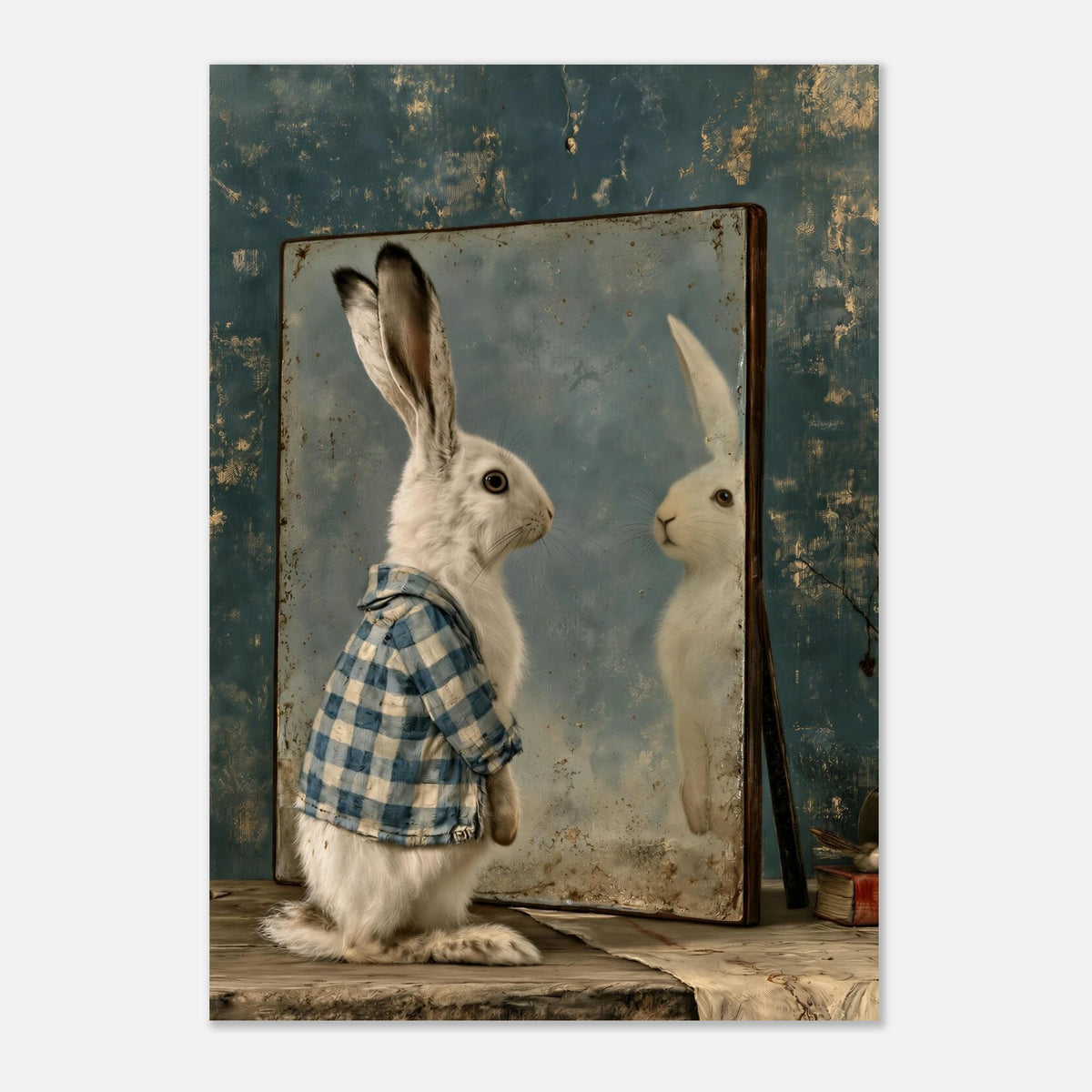 The Other Side of Me by Lemke Art – A white hare wearing a blue checked jacket stands before an aged mirror, facing its reflection. Weathered blue walls, vintage books, a small bird and delicate golden textures create a nostalgic, poetic surreal atmosphere.
