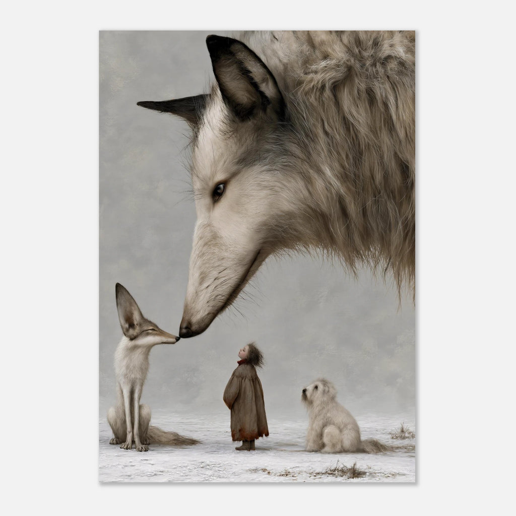 Surreal fine art depicting a giant white wolf lowering its head towards a small fox, with a child and a white dog in a quiet, snow-covered landscape.