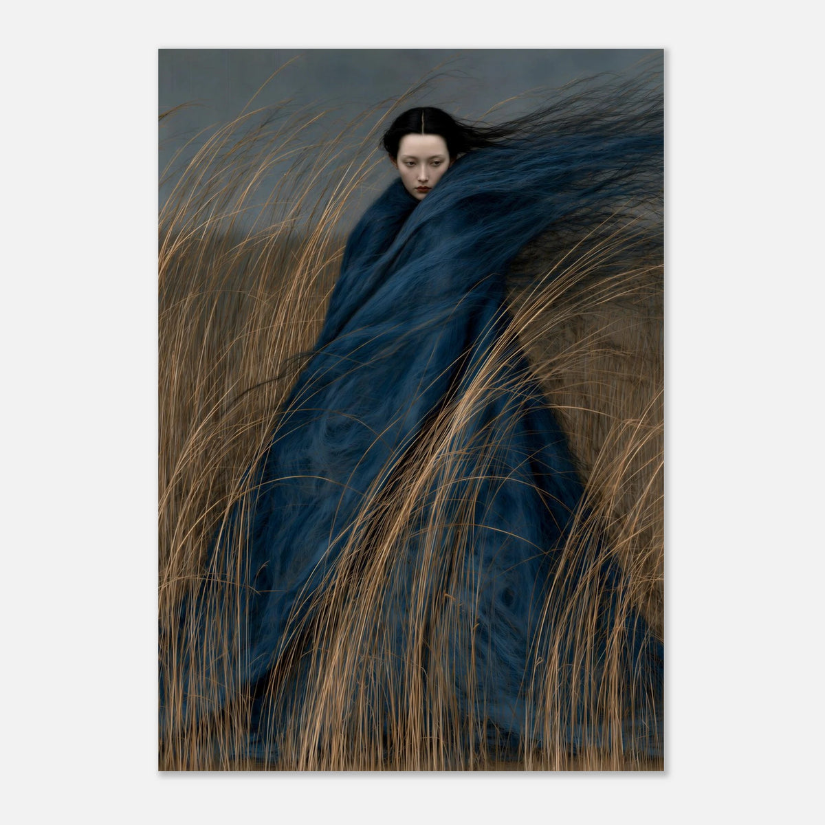 Surreal artwork of a pale woman wrapped in windswept midnight-blue fabric, surrounded by tall golden grasses beneath a muted grey sky.
