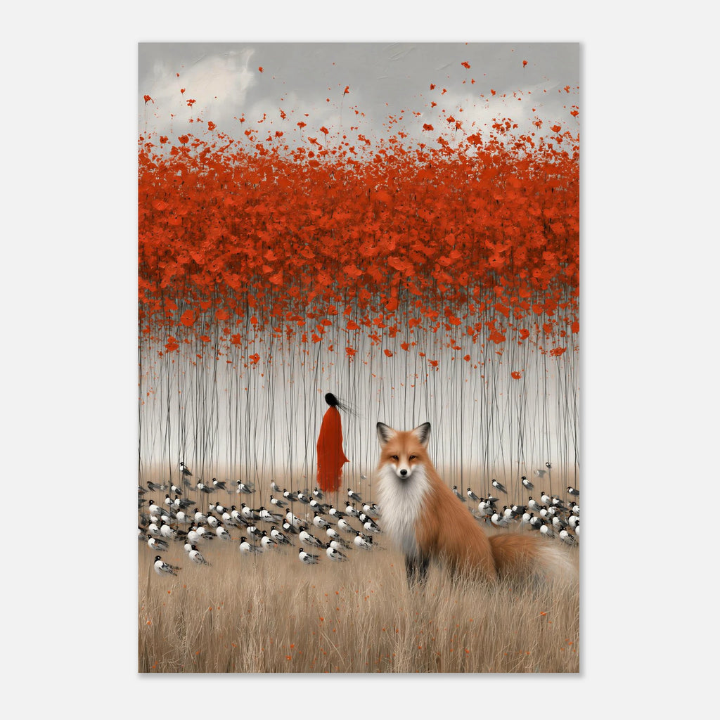 Surreal artwork featuring a red fox, a solitary figure in red, black-and-white birds and a vast canopy of scarlet poppies in a dreamlike landscape.