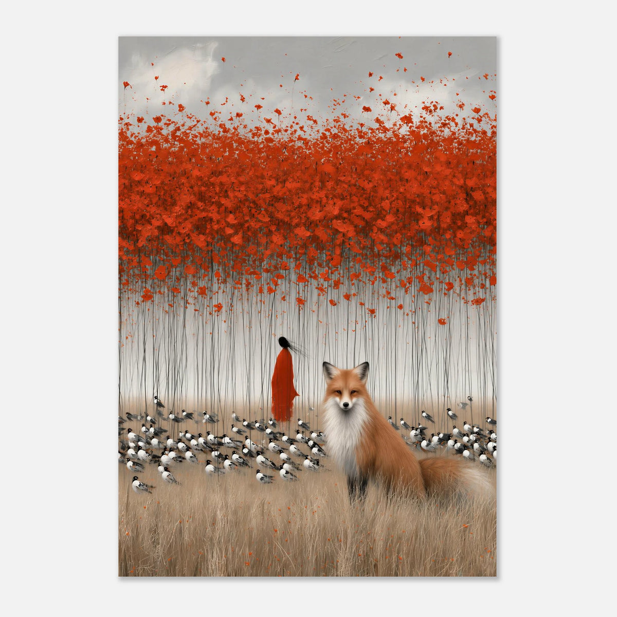 Surreal artwork featuring a red fox, a solitary figure in red, black-and-white birds and a vast canopy of scarlet poppies in a dreamlike landscape.