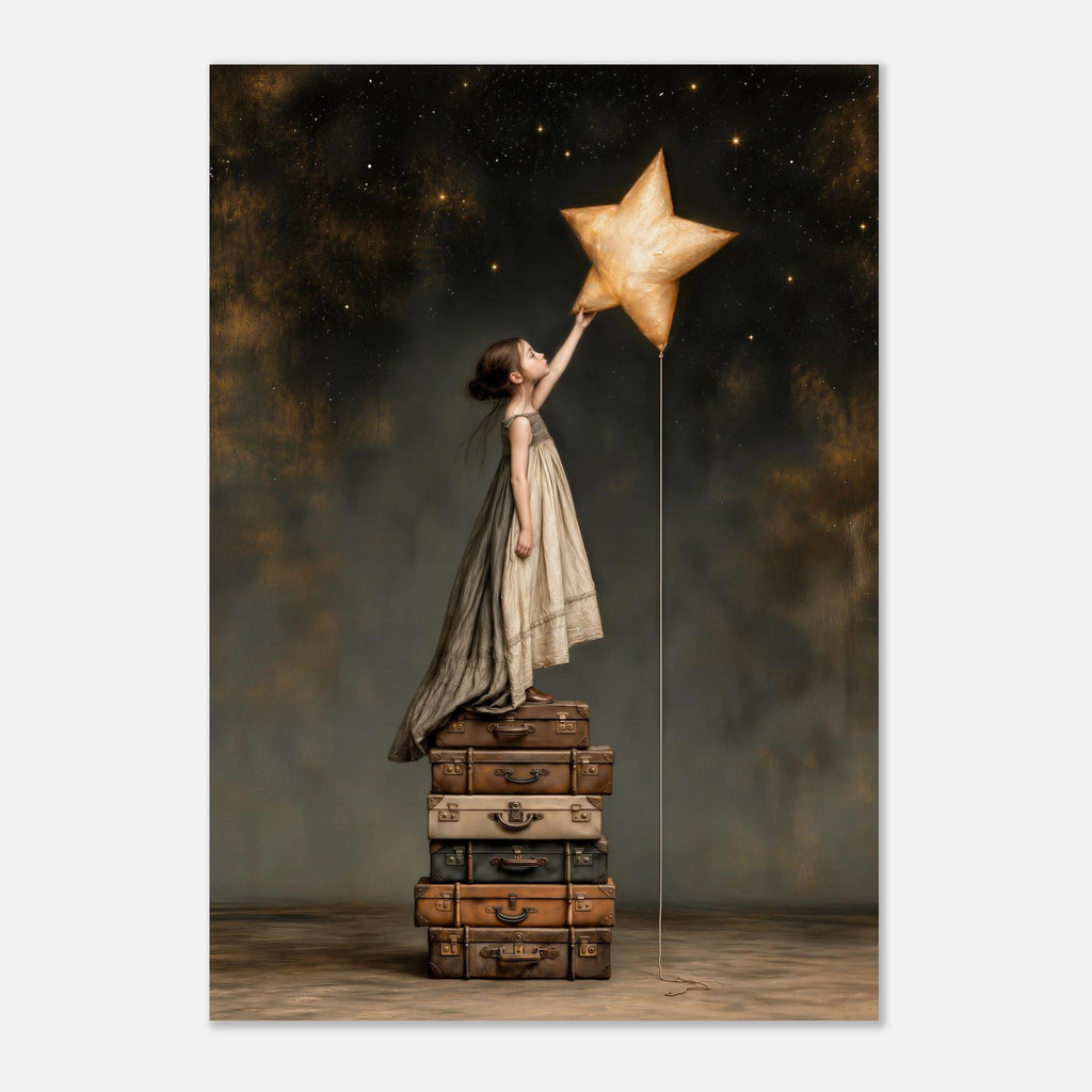 The Weight of a Wish by Lemke Art – A surreal fine art painting of a young girl in a flowing vintage dress standing on stacked antique suitcases, reaching toward a glowing golden star beneath a dark, star-filled sky.