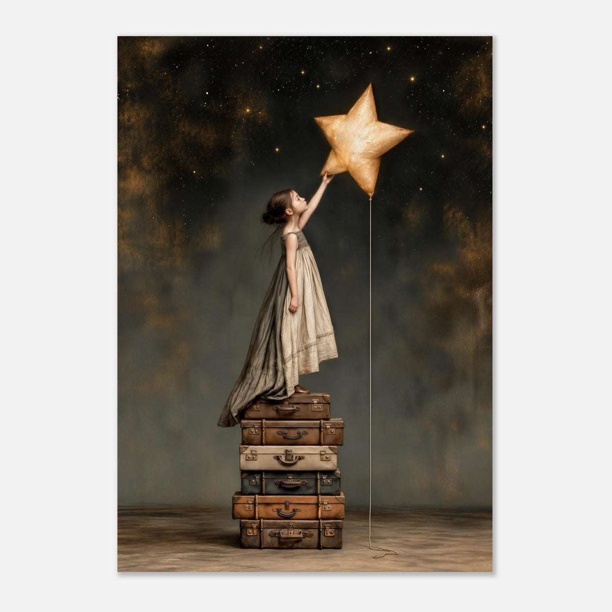 The Weight of a Wish by Lemke Art – A surreal fine art painting of a young girl in a flowing vintage dress standing on stacked antique suitcases, reaching toward a glowing golden star beneath a dark, star-filled sky.