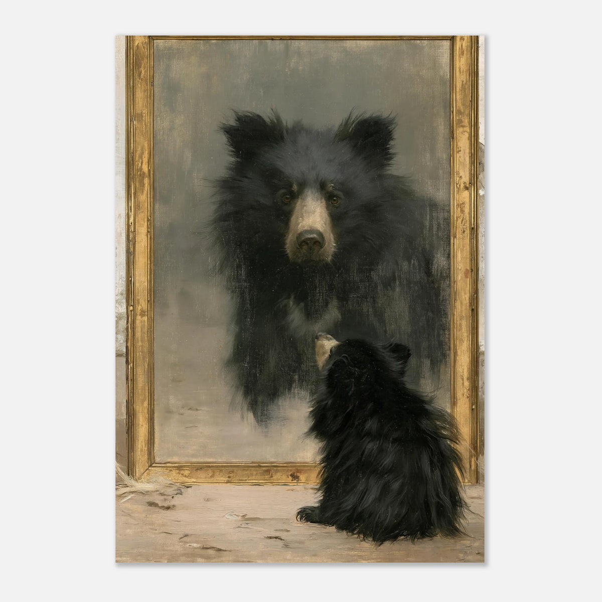 A small shaggy black bear sitting before an antique gold-framed mirror, facing the reflection of an enormous dark bear in a poetic surreal artwork by Lemke Art.