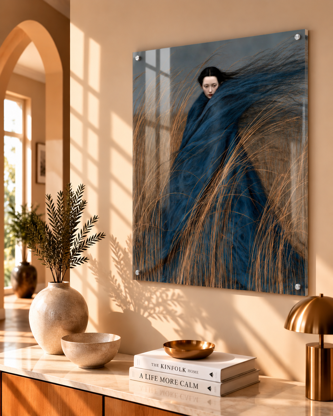 Glossy acrylic glass print of a surreal woman in windswept blue fabric, mounted with four discreet silver fixtures.